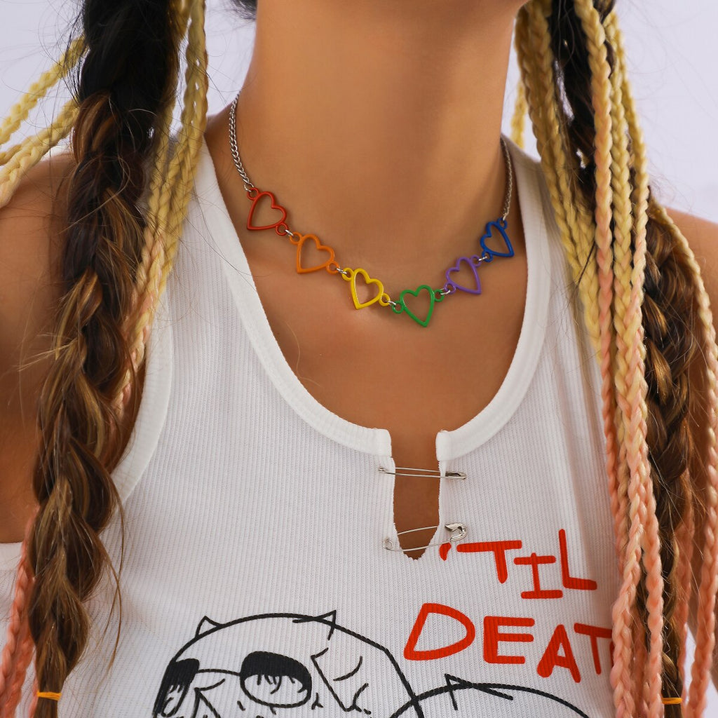 IngeSight.Z Korean Colorful Spray Paint Heart Shape Choker Necklace for Women Men Enamel Charms Iron Chain Necklace Jewelry