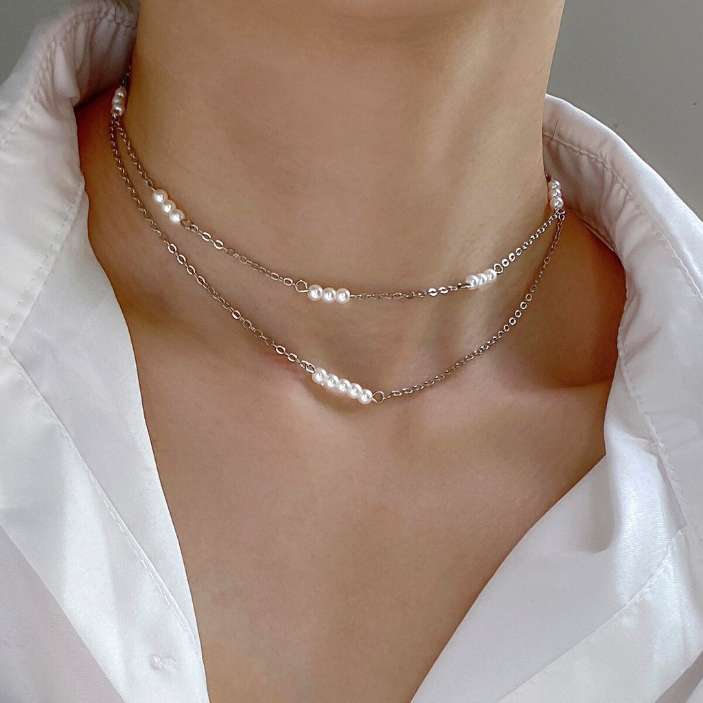 IngeSight.Z Korean Double Layer Three Pearls Clavicle Chain Necklace For Women Elegant Exquisite Gold Color Link Chain Choker