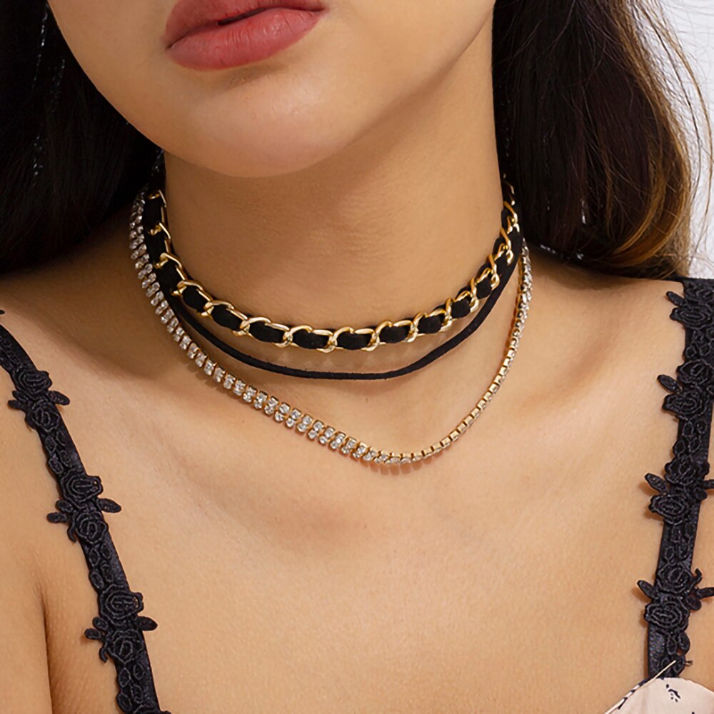 IngeSight.Z Korean Double Row Claw Chain Rhinestone Choker Necklace Set for Women Gothic Black Velvet Clavicle Collar Halloween