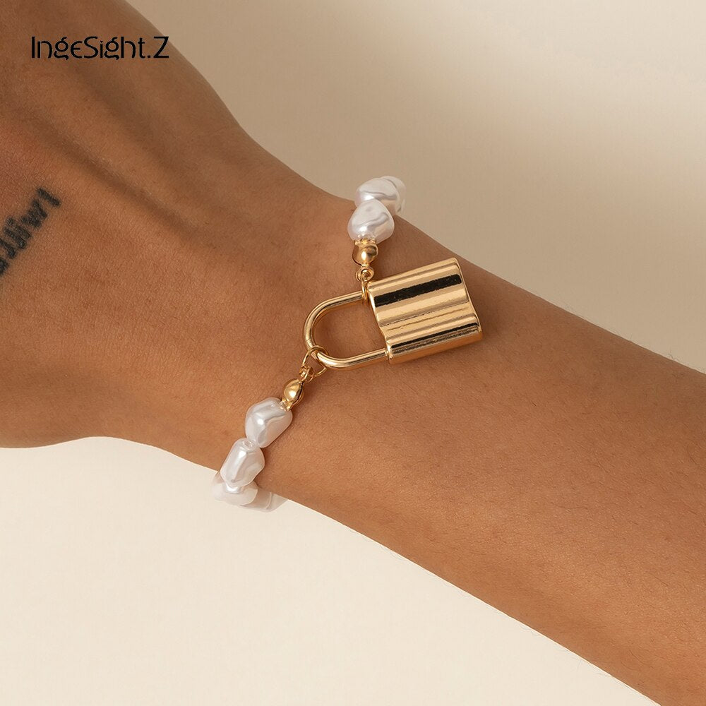IngeSight.Z Korean Elegant Baroque Imitation Pearl Bracelets Bangles Charm Lock Padlock Pendant Bracelet for Women Wrist Jewelry