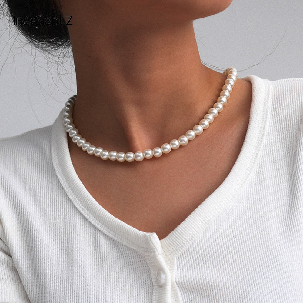 IngeSight.Z Korean Elegant Imitation Pearl Choker Necklace Collar Simple Minimalist Clavicle Chain Necklaces for Women Jewelry