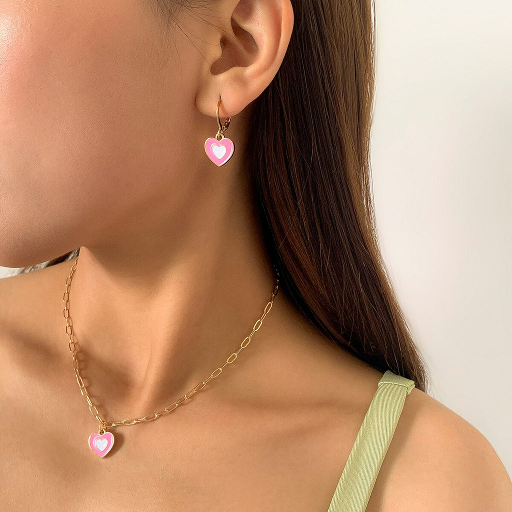 IngeSight.Z Korean Elegant Rainbow Love Heart Pendant Necklaces Earrings Set Women Gold Color Choker Small Hoop Earrings Jewelry