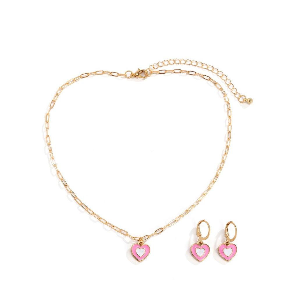 IngeSight.Z Korean Elegant Rainbow Love Heart Pendant Necklaces Earrings Set Women Gold Color Choker Small Hoop Earrings Jewelry