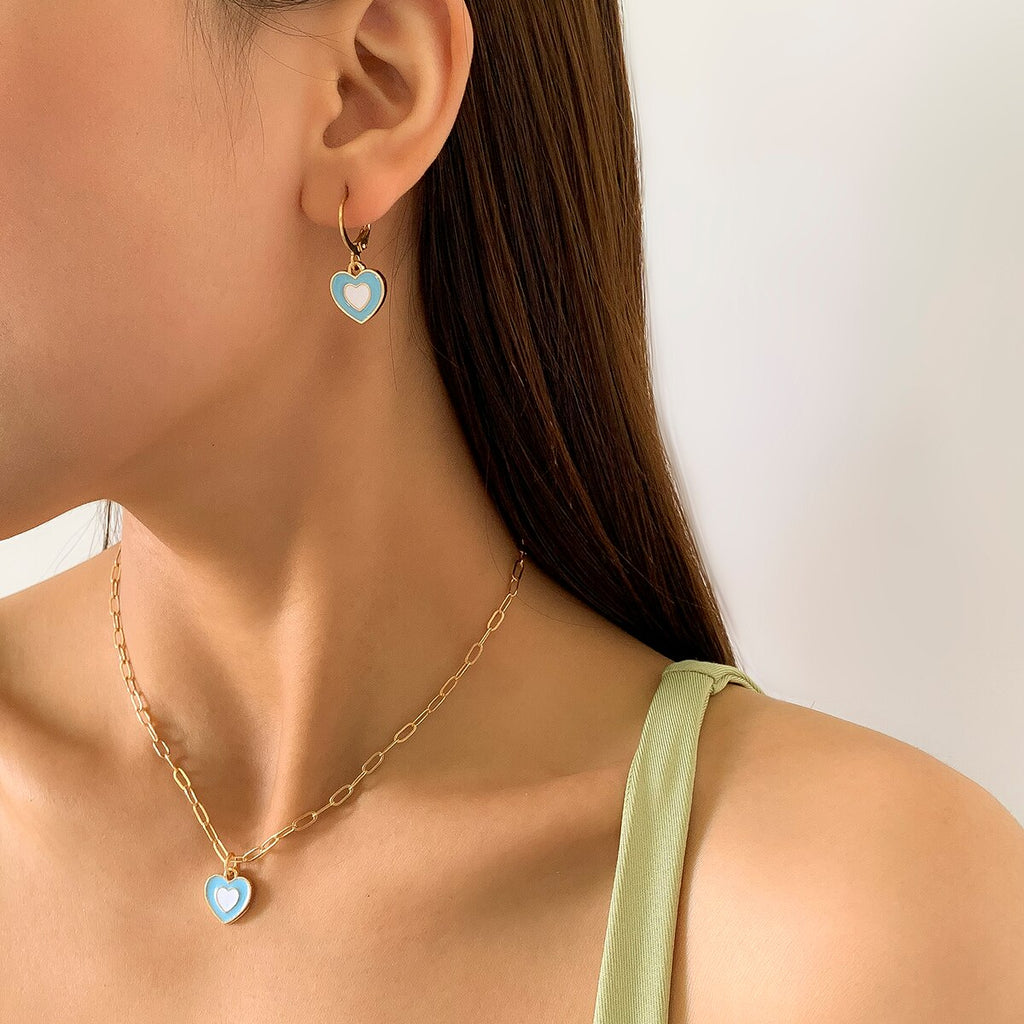 IngeSight.Z Korean Elegant Rainbow Love Heart Pendant Necklaces Earrings Set Women Gold Color Choker Small Hoop Earrings Jewelry