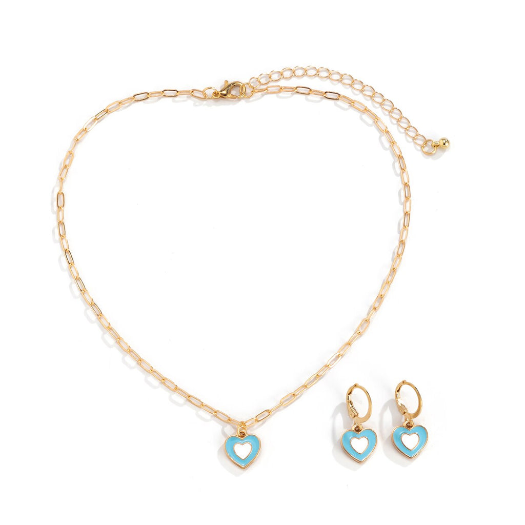 IngeSight.Z Korean Elegant Rainbow Love Heart Pendant Necklaces Earrings Set Women Gold Color Choker Small Hoop Earrings Jewelry