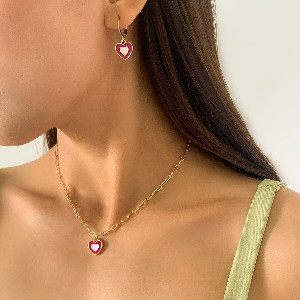 IngeSight.Z Korean Elegant Rainbow Love Heart Pendant Necklaces Earrings Set Women Gold Color Choker Small Hoop Earrings Jewelry