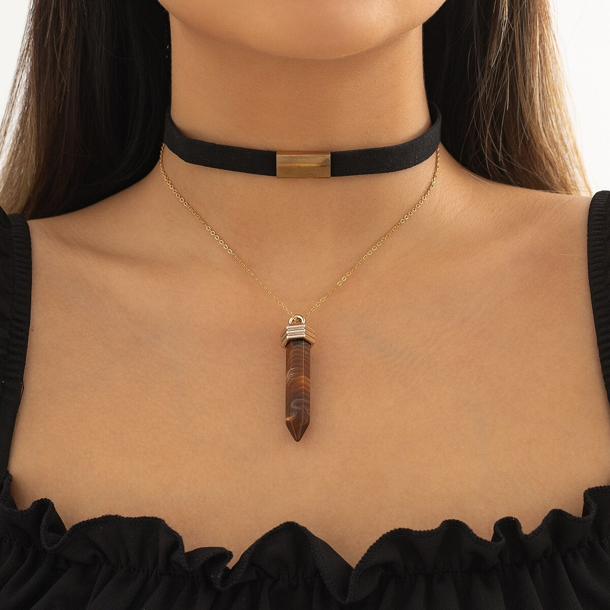 IngeSight.Z Korean Black Velvet Choker Necklace for Women Natural Opal Stone Hexagonal Column Pendant Necklace Jewelry