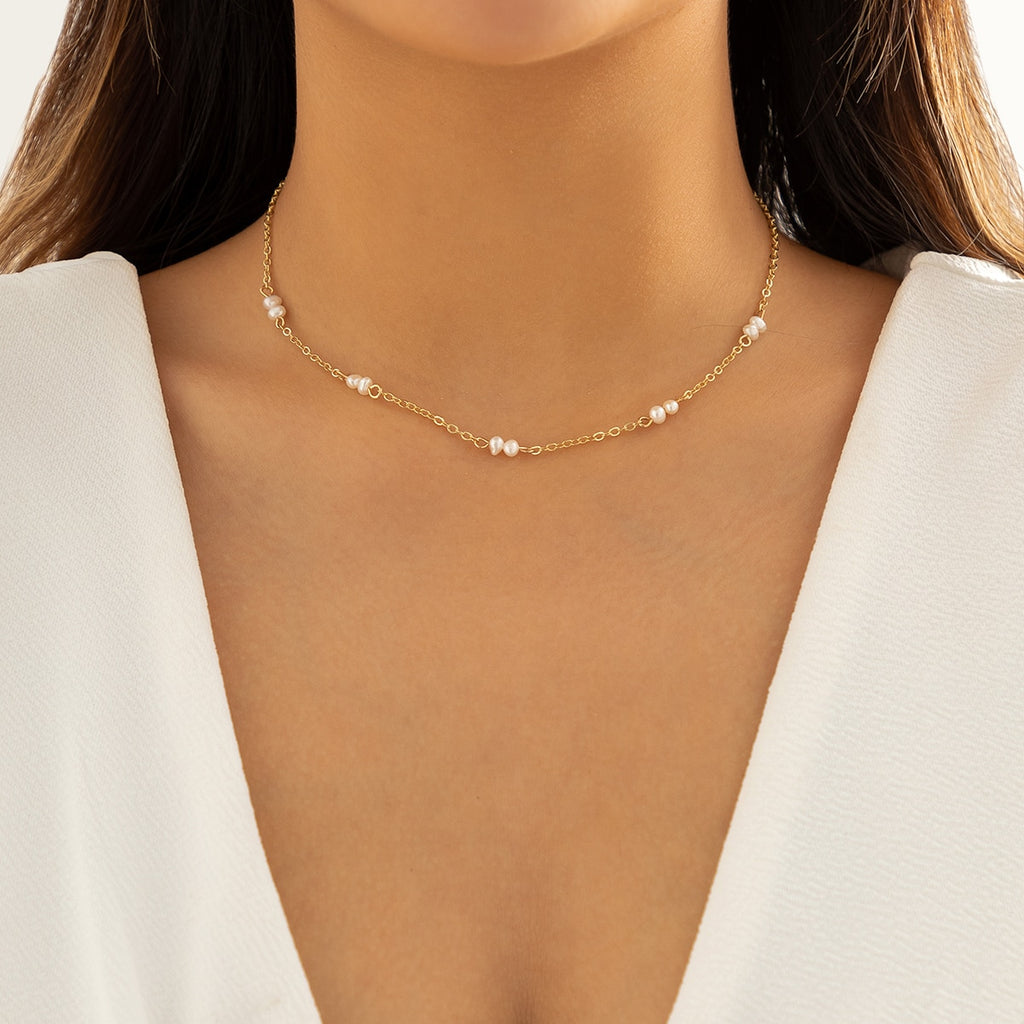 IngeSight.Z Korean Freshwater Pearl Choker Necklace For Women Gold Color Copper Wrapped Metal Clavicle Chain Collar