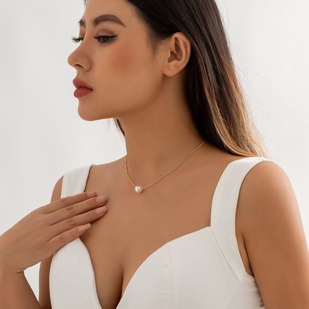 IngeSight.Z Korean Simple Single Pearl Pendant Necklace For Woman 2022 Temperament Gold Color Clavicle Chain Jewelry