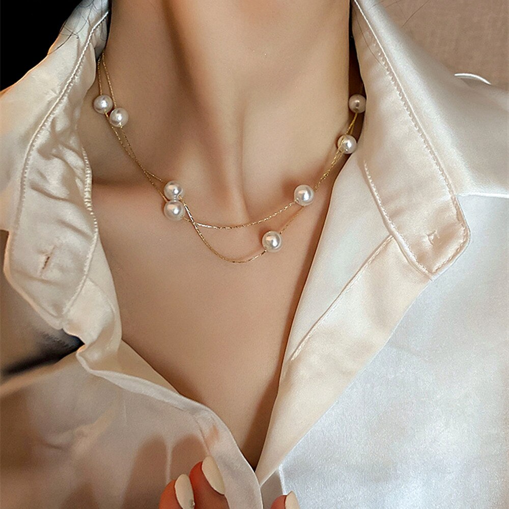 IngeSight.Z Kpop Imitation Pearl Choker Necklaces for Women Multi Layered Beads Adjustable Gold Color Chain Goth Collares Neck