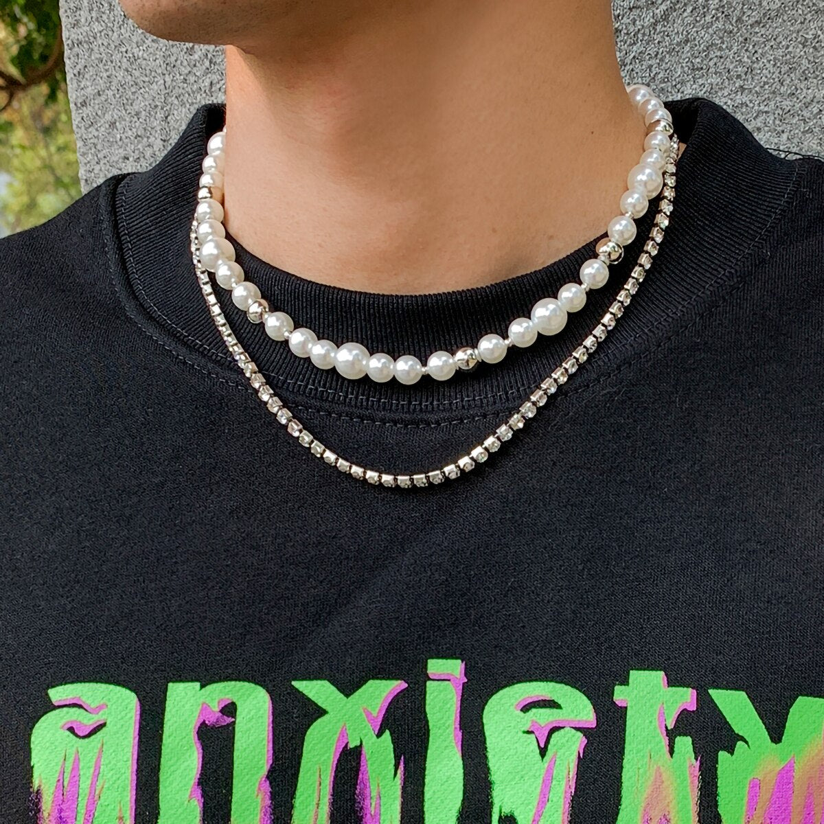 IngeSight.Z Kpop Shiny Rhinestones Crystal Chain Choker Necklaces for Men Multi Layered Imitation Pearl Collar Necklaces Jewelry