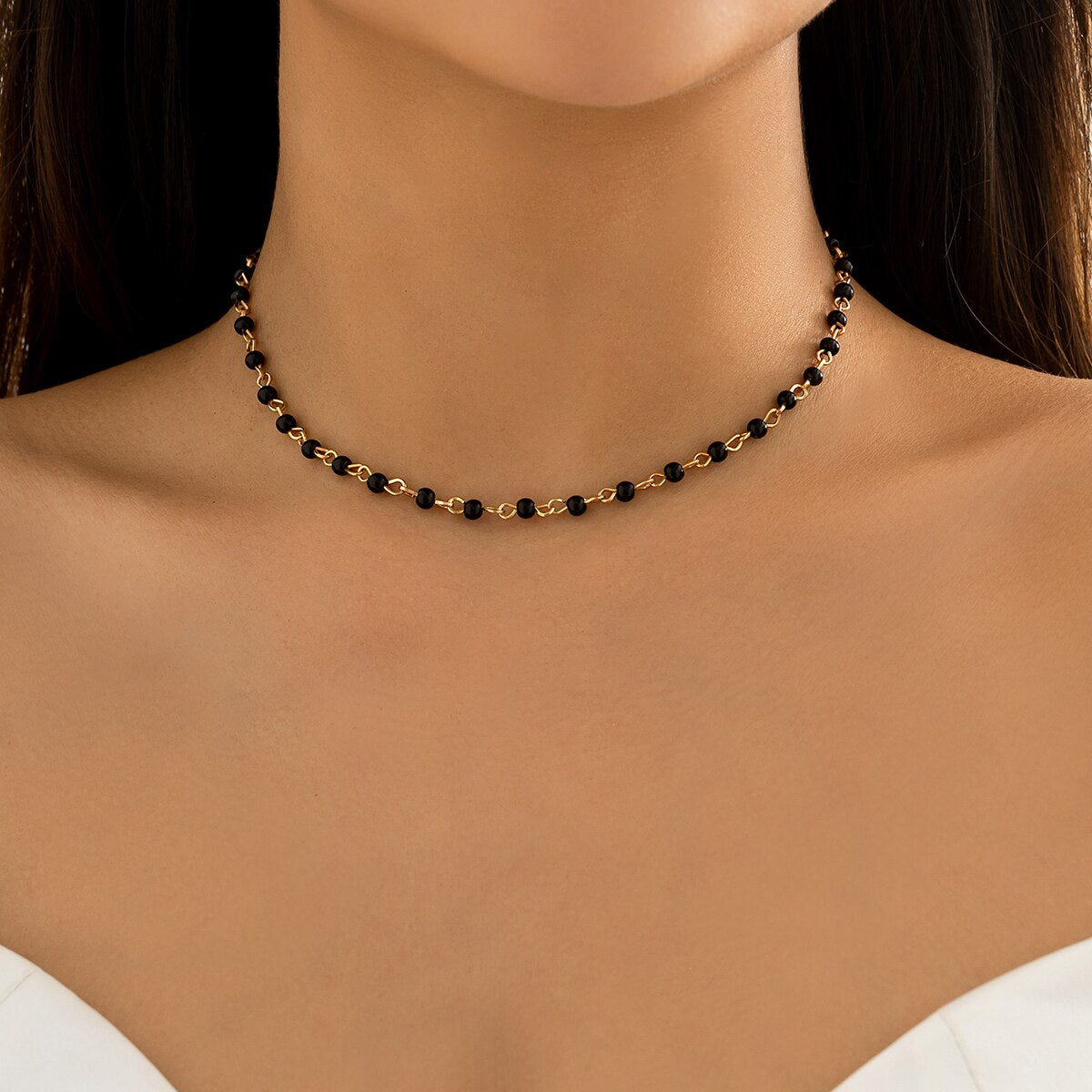 IngeSight.Z  Black Crystal Glass Bead Chain Choker Necklace For Women Handmade Charm Link Chain Collar Necklace Gifts