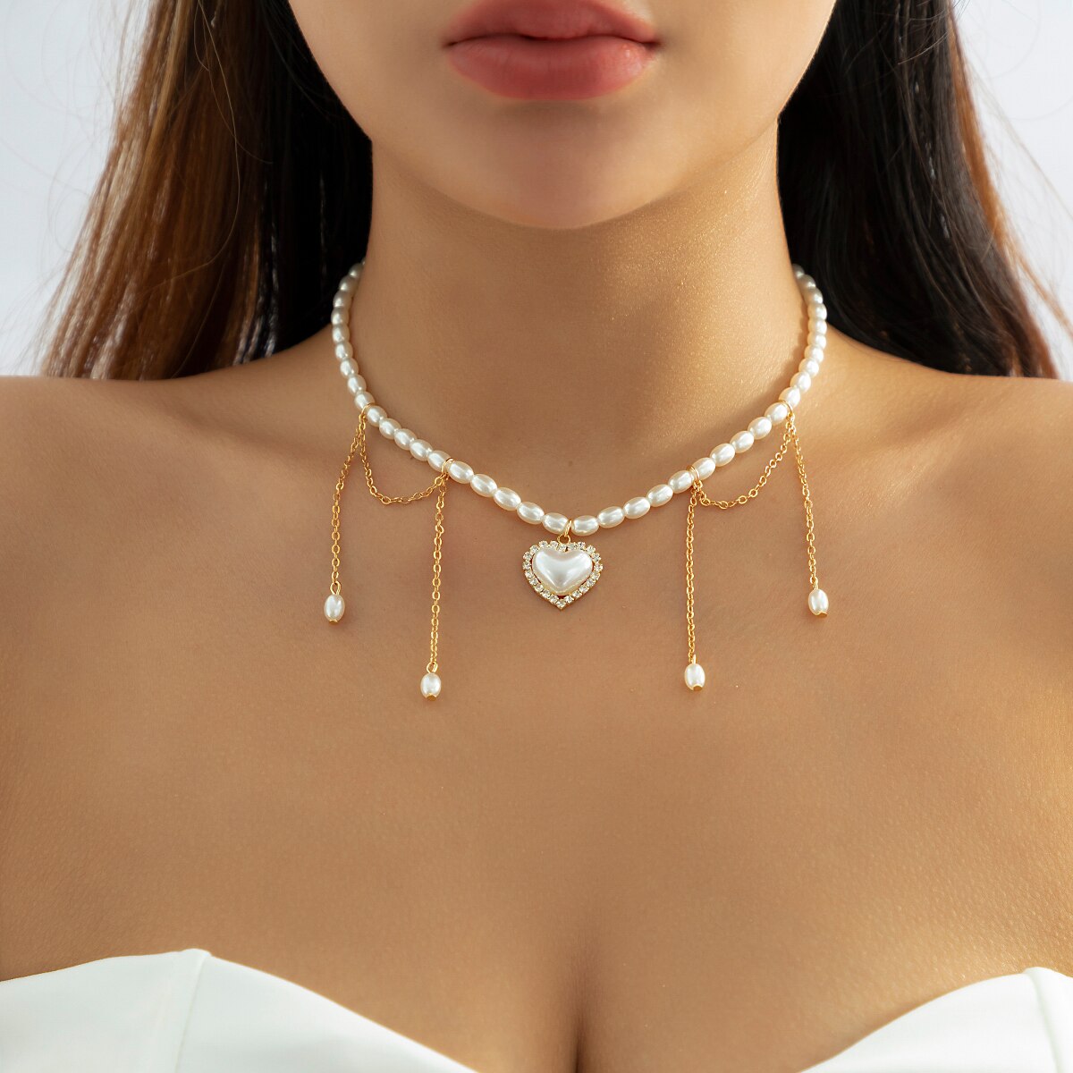 IngeSight.Z  Designer Pearl Love Heart Pendant Necklace for Women Pearls Tassel Beaded Clavicle Necklace Party Jewelry