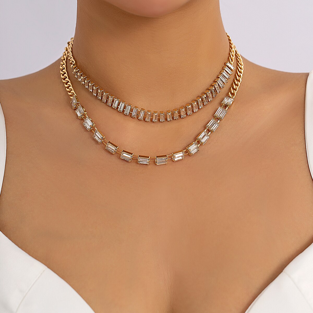 IngeSight.Z  Double Row Rhinestones Cuban Choker Necklace for Women Vintage Shiny Crystal Necklace Set Collar Jewelry