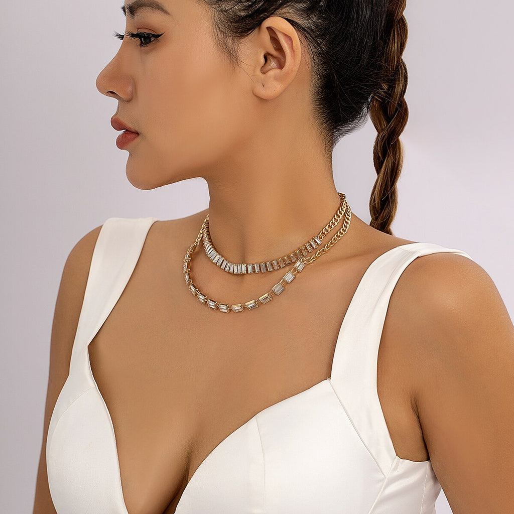 IngeSight.Z  Double Row Rhinestones Cuban Choker Necklace for Women Vintage Shiny Crystal Necklace Set Collar Jewelry