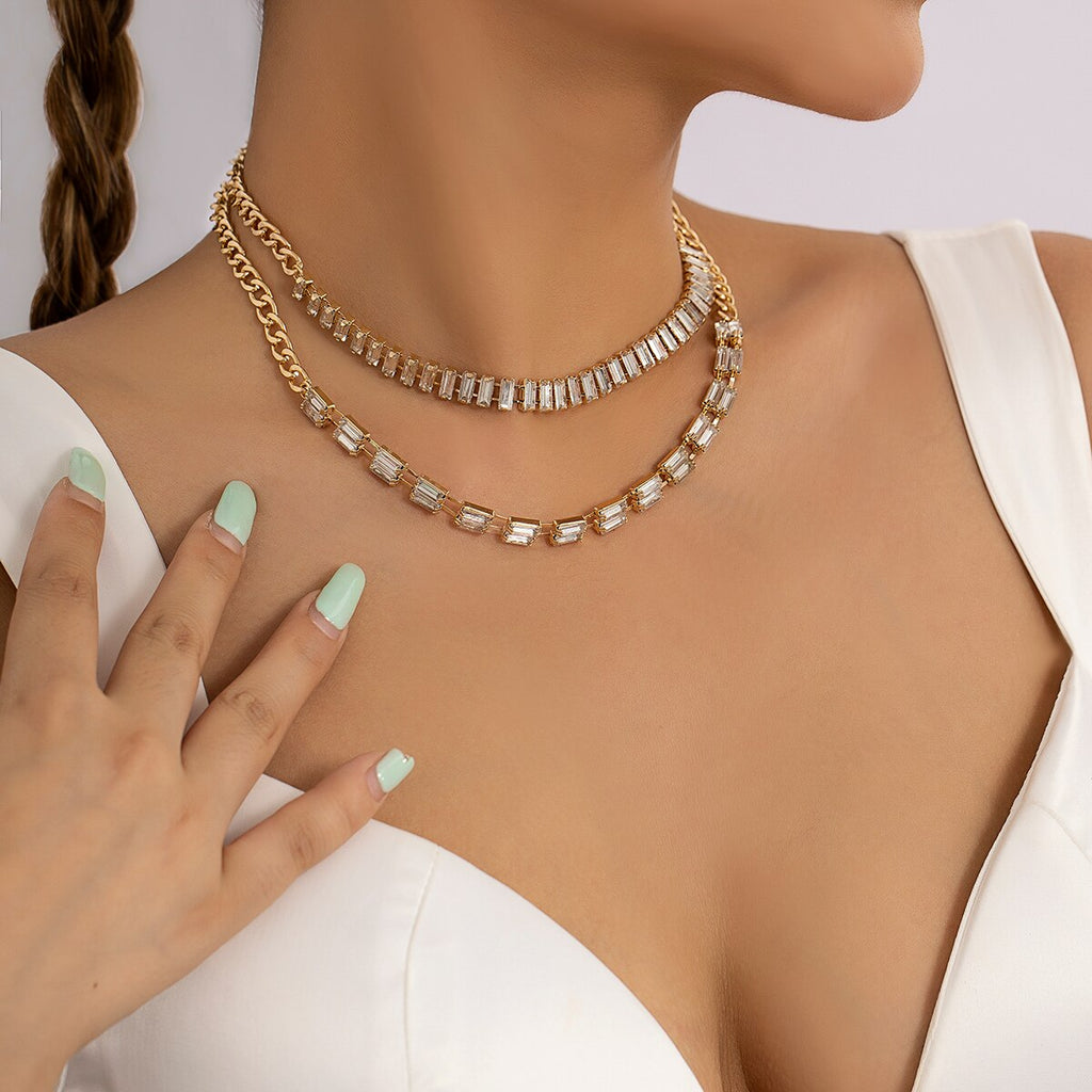 IngeSight.Z  Double Row Rhinestones Cuban Choker Necklace for Women Vintage Shiny Crystal Necklace Set Collar Jewelry