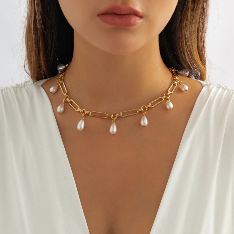 IngeSight.Z  Drop Water Shape Pearls Pendant Necklace for Women Punk Long Buckle Link Chain Choker Necklace Party Gift