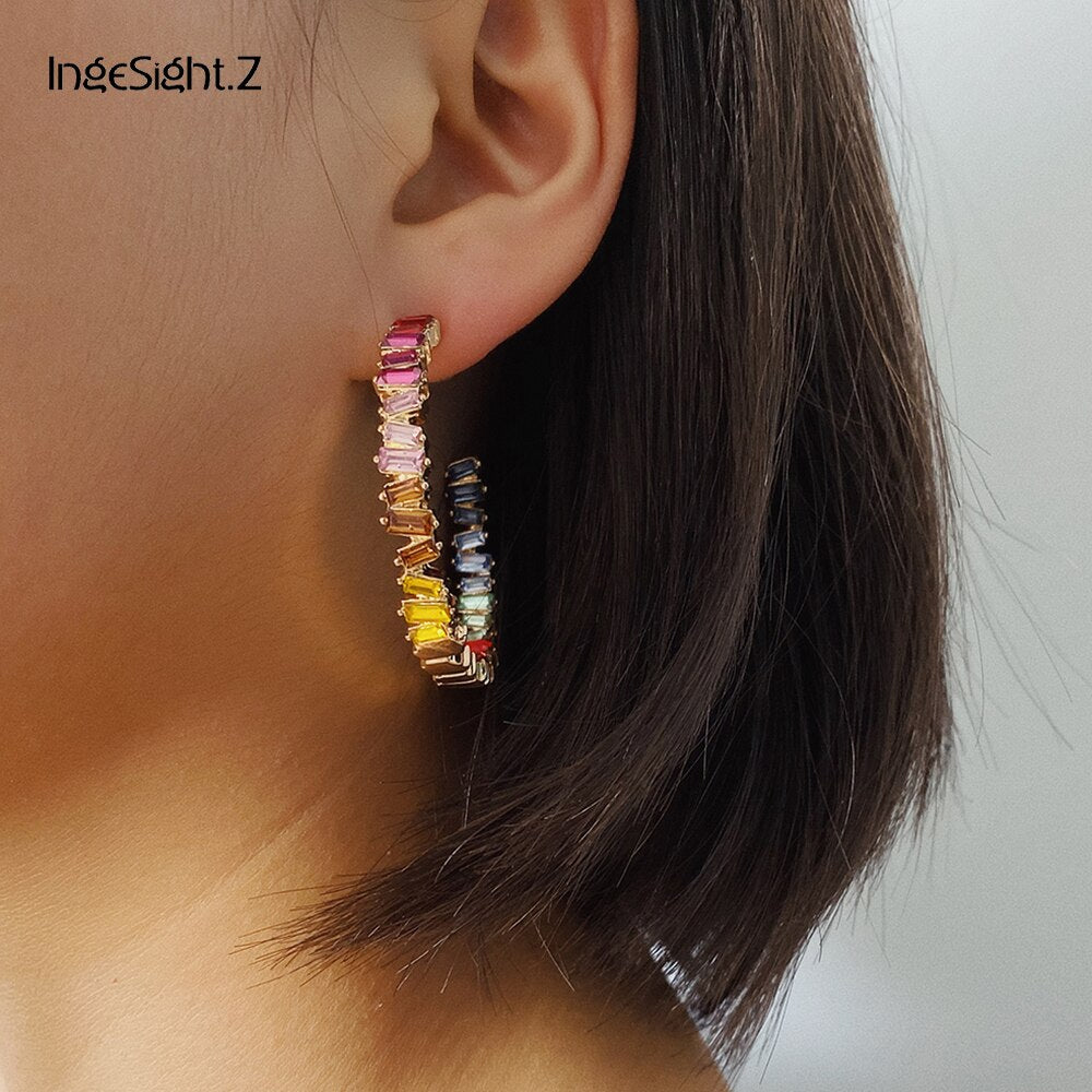 IngeSight.Z  Shiny Rainbow Rhinestone Geometric Round Hoop Earrings Statement Bling Crystal Big Earrings for Women Jewelry