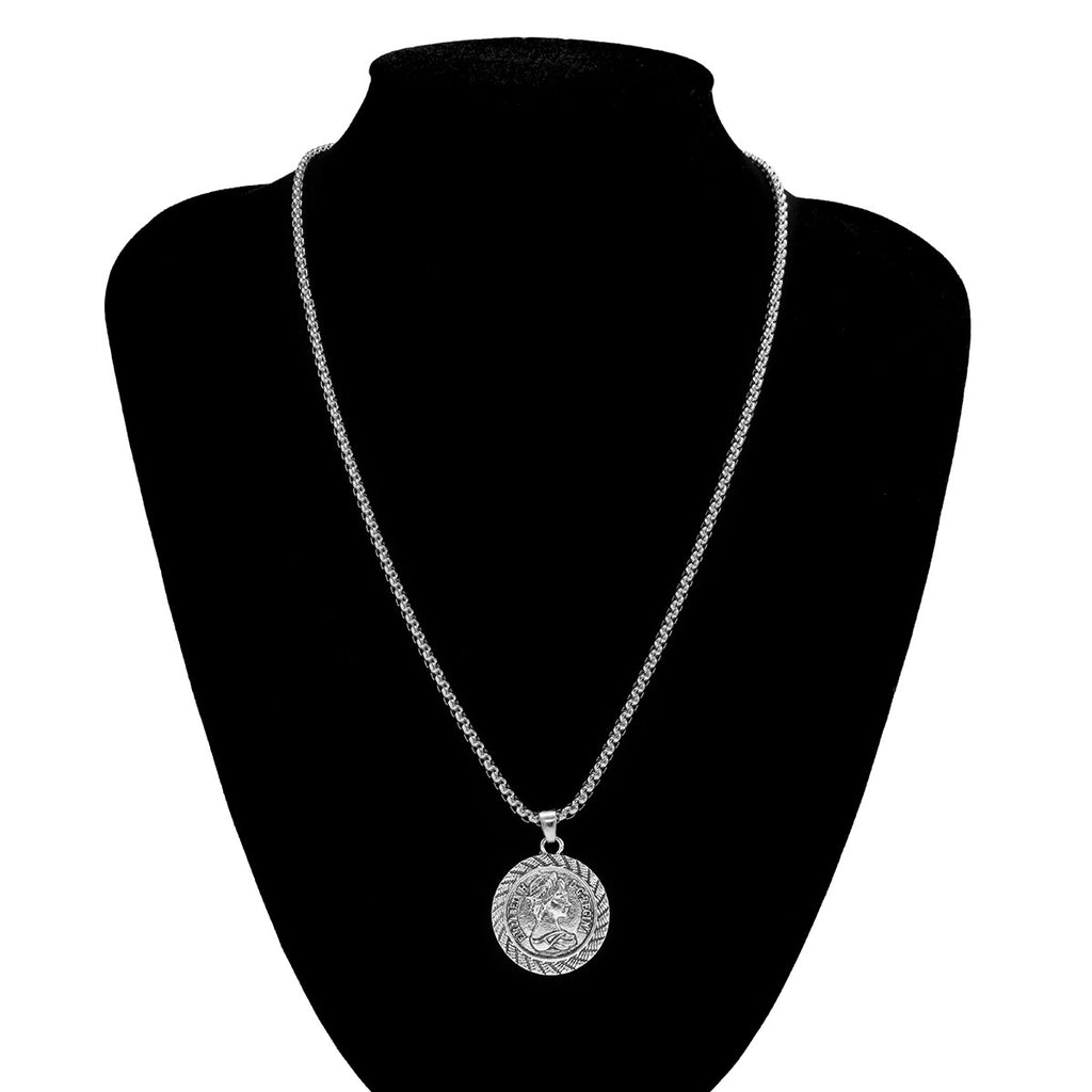 IngeSight.Z Men Punk Portrait Carved Coin Pendant Long Necklaces Hip Hop Rock Silver Color Choker Necklaces Collier Jewelry Gift