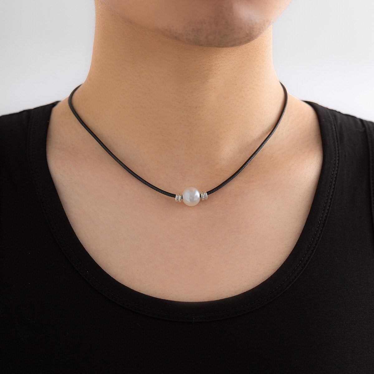 IngeSight.Z Men's Pearl Black Leather Wax Thread Choker Necklace Minimalism Handmade Necklaces Women Jewelry Gift