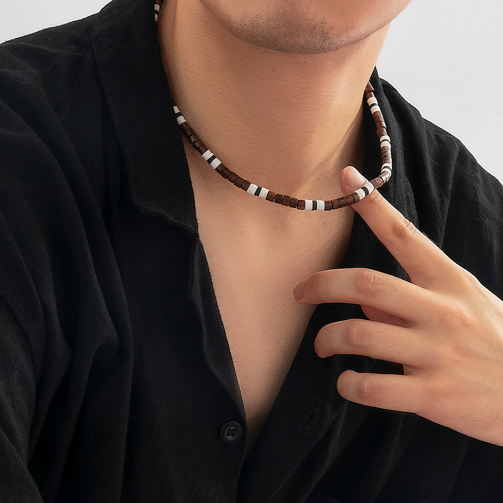 IngeSight.Z Men's Wooden Beaded Clay Necklace Vintage African Beaded Beach Surfer Necklace for Men Tribal Jewelry