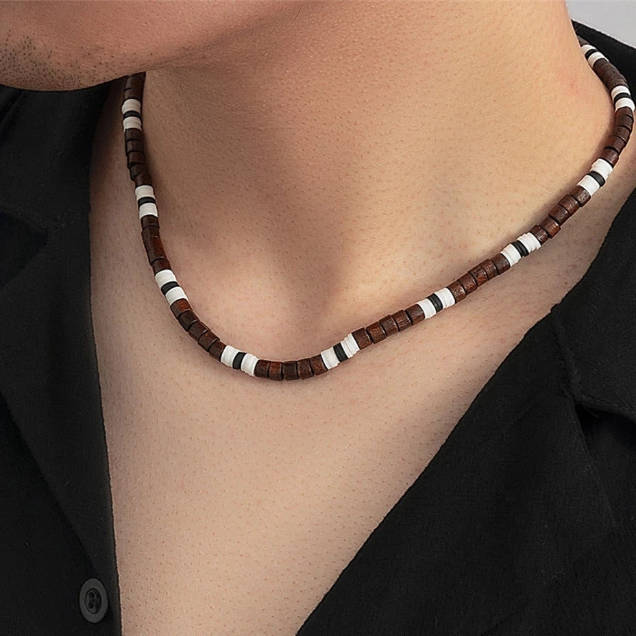 IngeSight.Z Men's Wooden Beaded Clay Necklace Vintage African Beaded Beach Surfer Necklace for Men Tribal Jewelry