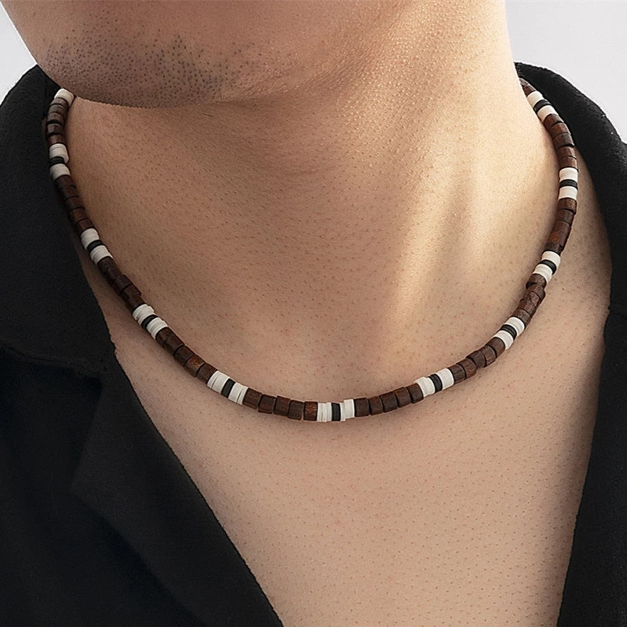 IngeSight.Z Men's Wooden Beaded Clay Necklace Vintage African Beaded Beach Surfer Necklace for Men Tribal Jewelry