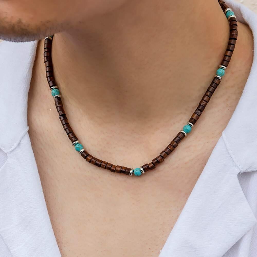 IngeSight.Z Mens Black Wood Beaded Choker Necklace Boho Green Stone Surfer Necklace Chunky African Tribal Necklace for Men 2022