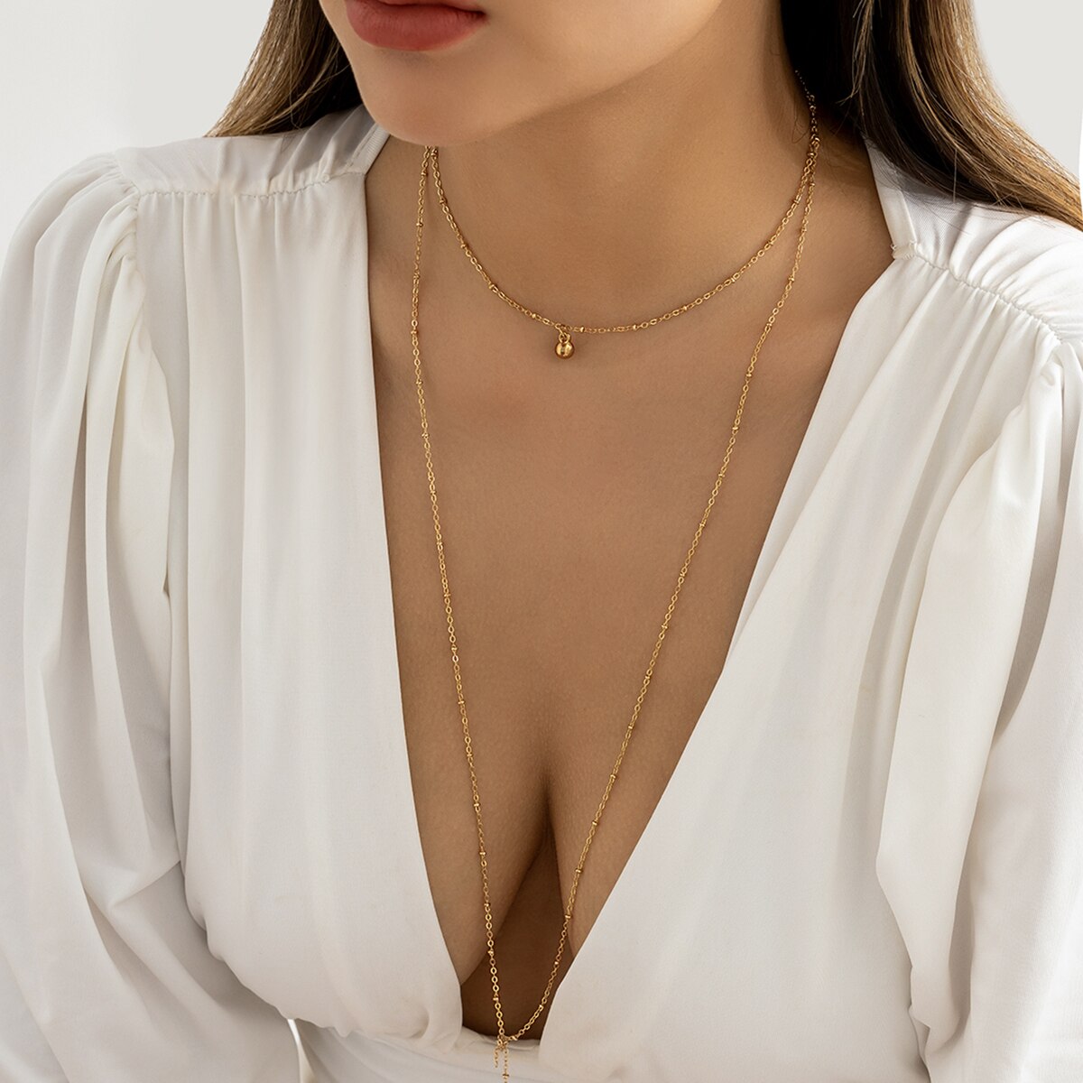 IngeSight.Z Minimalism Double Layer Long Beads Pendant Necklace For Women Vintage Tassel Chest Thin Chain Wedding Jewelry