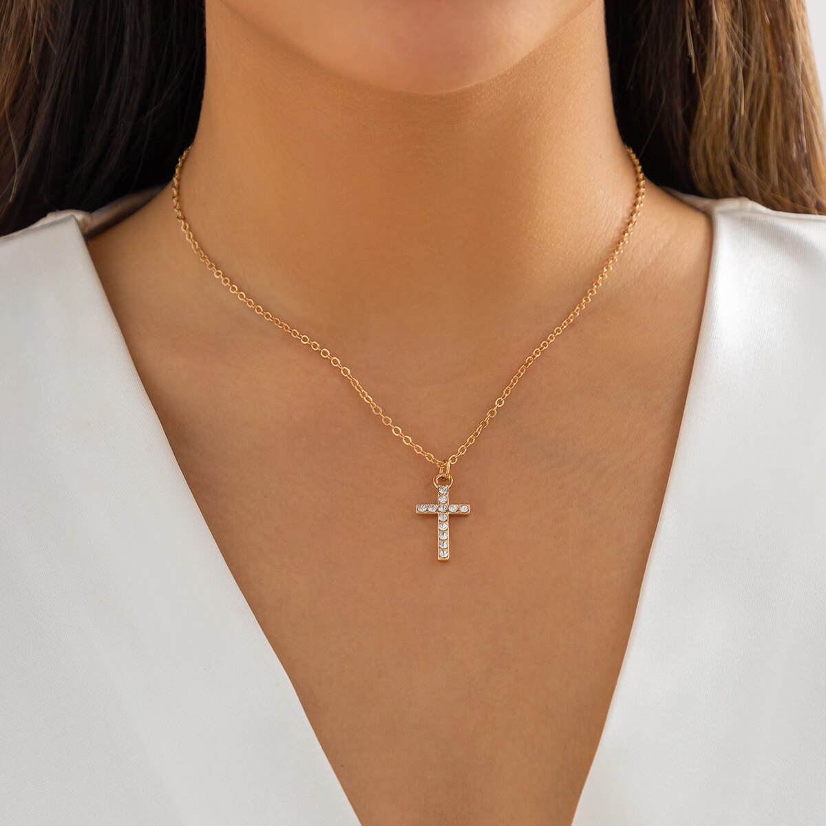 IngeSight.Z Minimalist Charm Crystal Cross Pendant Necklaces For Women Men Gold Color Link Chain Choker Necklace Christmas Gift