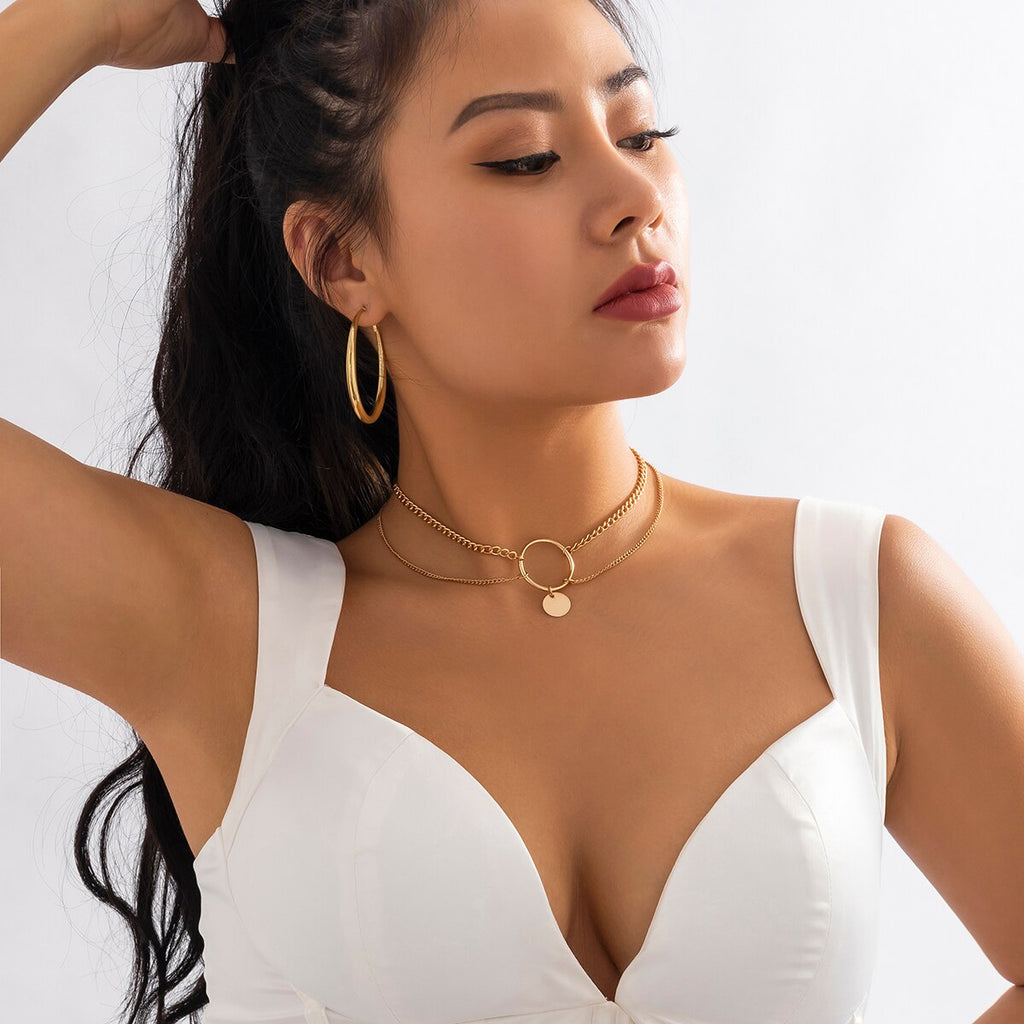 IngeSight.Z Minimalist Sequin Round Circle Pendant Necklaces for Women Punk Gold Color Layed Clavicle Chain Necklaces Party