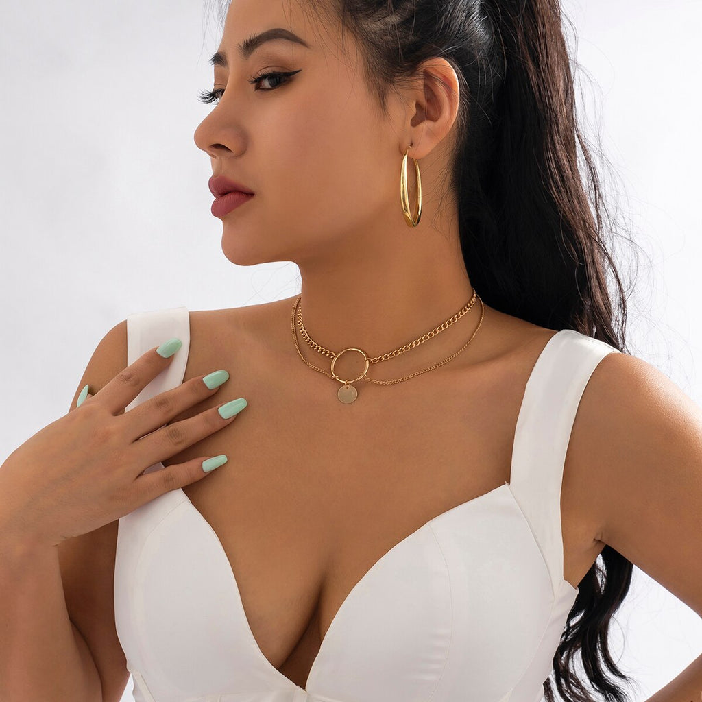 IngeSight.Z Minimalist Sequin Round Circle Pendant Necklaces for Women Punk Gold Color Layed Clavicle Chain Necklaces Party