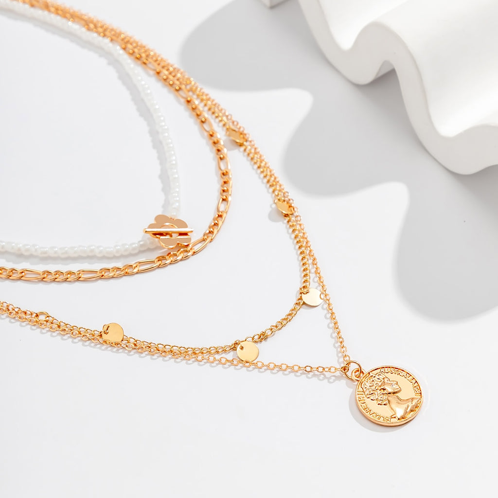 IngeSight.Z Multi Layer Seed Beaded Chain Carved Coin Pendant Necklace for Women Vintage Sequins Pendant Flower Buckle Necklaces