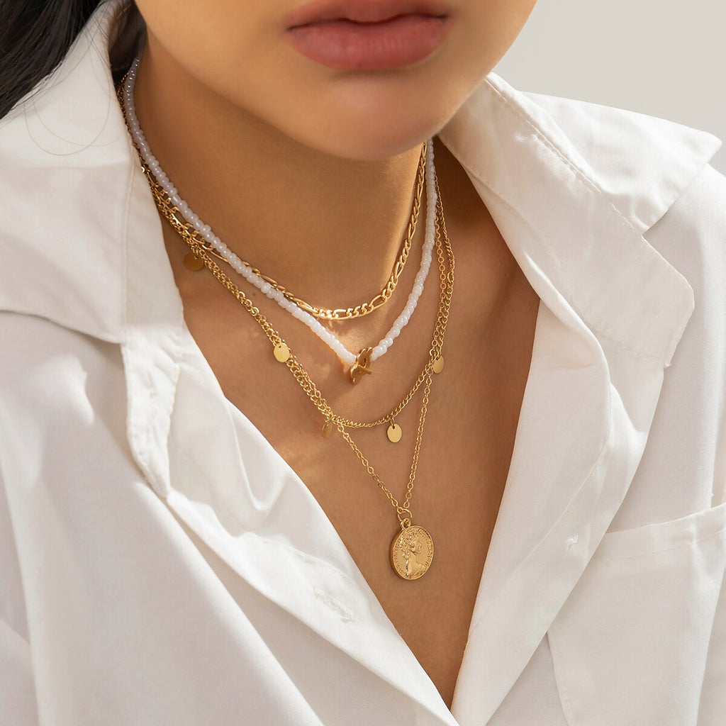 IngeSight.Z Multi Layer Seed Beaded Chain Carved Coin Pendant Necklace for Women Vintage Sequins Pendant Flower Buckle Necklaces