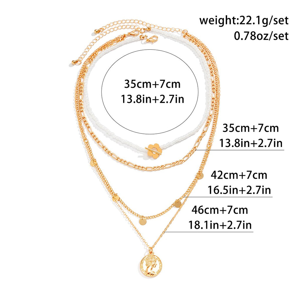 IngeSight.Z Multi Layer Seed Beaded Chain Carved Coin Pendant Necklace for Women Vintage Sequins Pendant Flower Buckle Necklaces