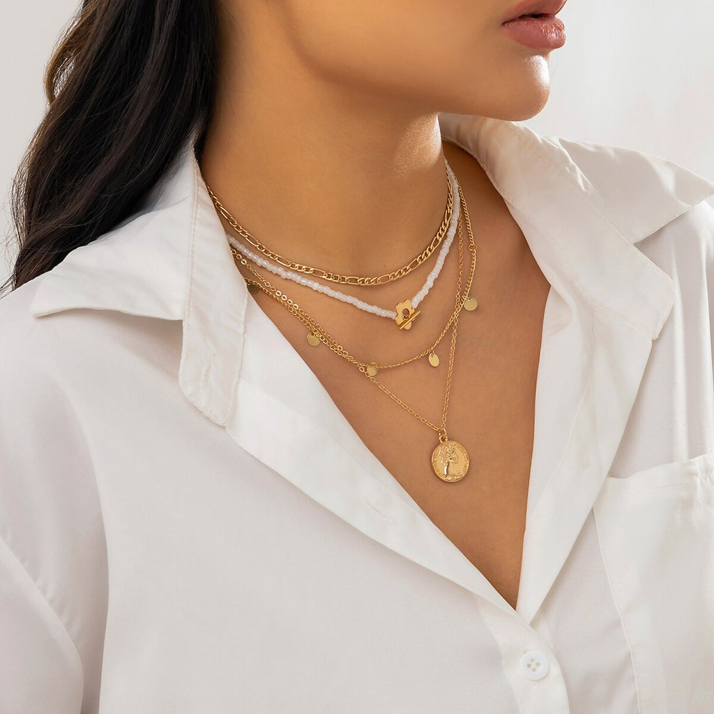 IngeSight.Z Multi Layer Seed Beaded Chain Carved Coin Pendant Necklace for Women Vintage Sequins Pendant Flower Buckle Necklaces