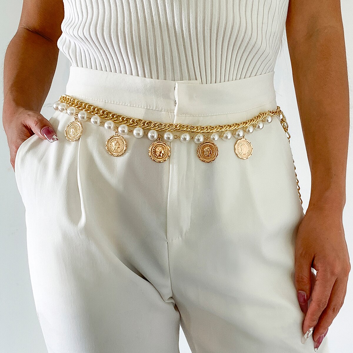 IngeSight.Z Multi Layered Portrait Carved Coin Tassel Pendant Body Chain Imitation Pearl Harness Waist Belly Chain Belt Jewelry