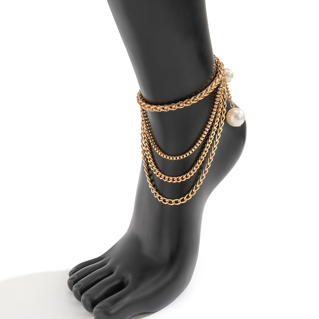 IngeSight.Z  Multi-layer Imitation Pearl Pendant Tassels Anklet for Women Punk Gold Color Chain 2022 Beach Barefoot Sandals Gift