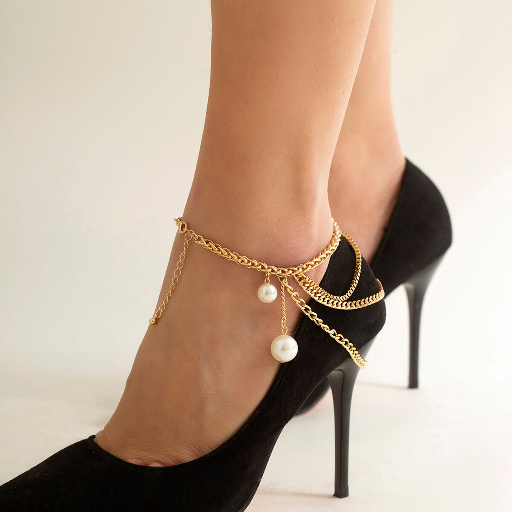 IngeSight.Z  Multi-layer Imitation Pearl Pendant Tassels Anklet for Women Punk Gold Color Chain 2022 Beach Barefoot Sandals Gift