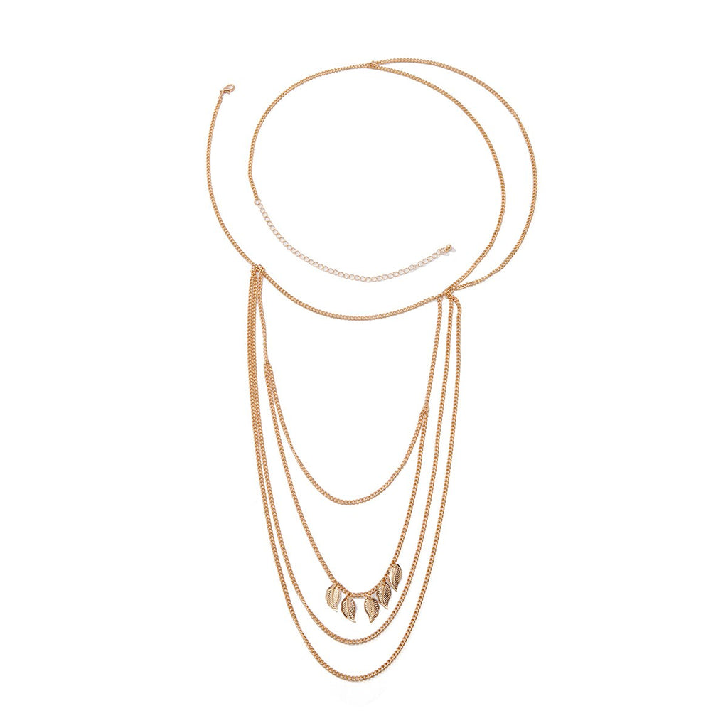 IngeSight.Z Multi-layer Tassel Shoulder Chain Arm Chain for Women Simple Gold Color Leaf Pendant Body Chain Jewelry Party Beach