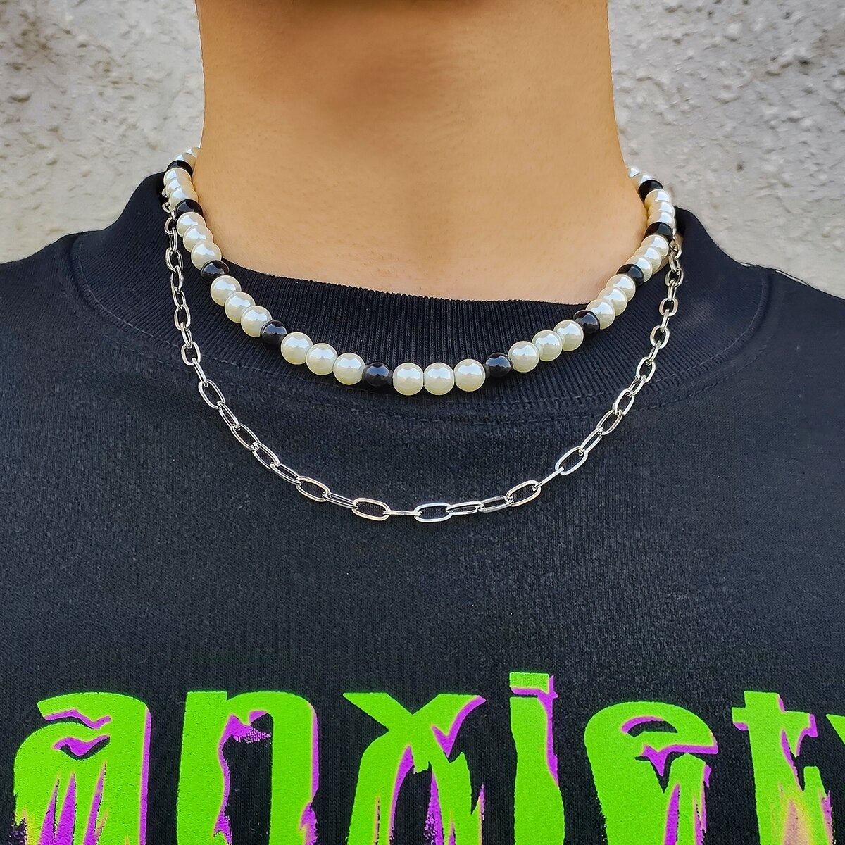 IngeSight.Z  Multi-layer White and Black Imitation Pearls Necklace for Women Men Hip Hop Metal Beads Line Chain Necklace Jewelry