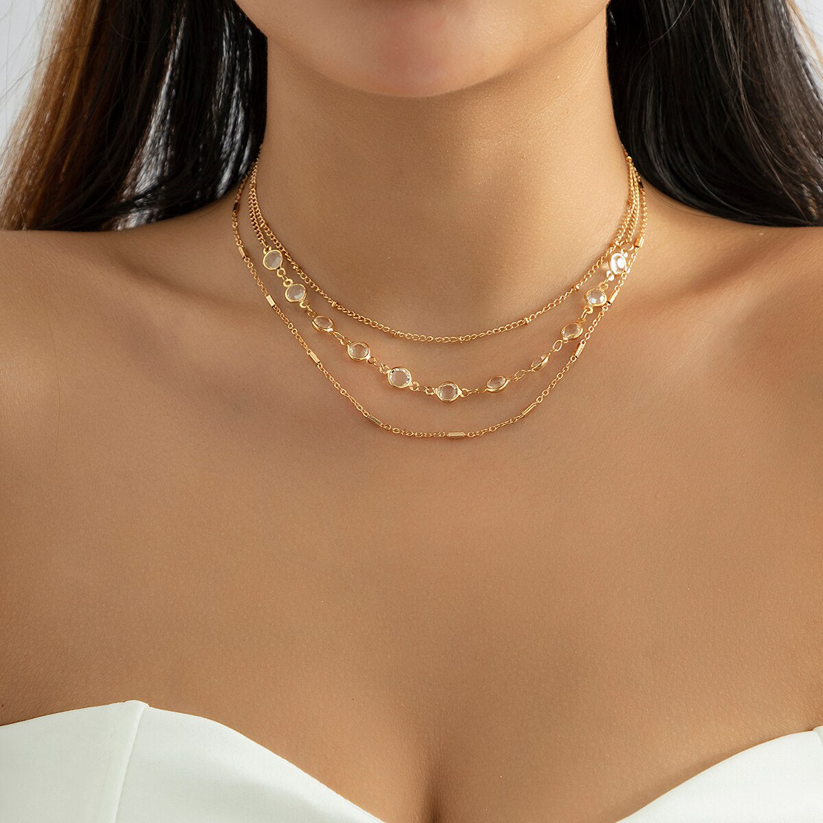 IngeSight.Z Multilayer Crystal Chain Choker Necklace for Women Simple Vintage Gold Color Link Clavicle Necklaces Statement Gift