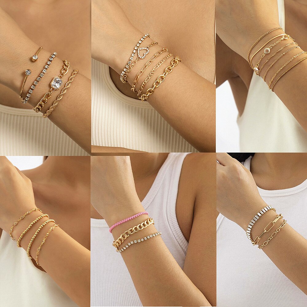 IngeSight.Z Multilayer Crystal Rhinestone Bracelet Bangles for Women Punk Cuban Tennis Chain Heart Beaded Bracelets Set Jewelry