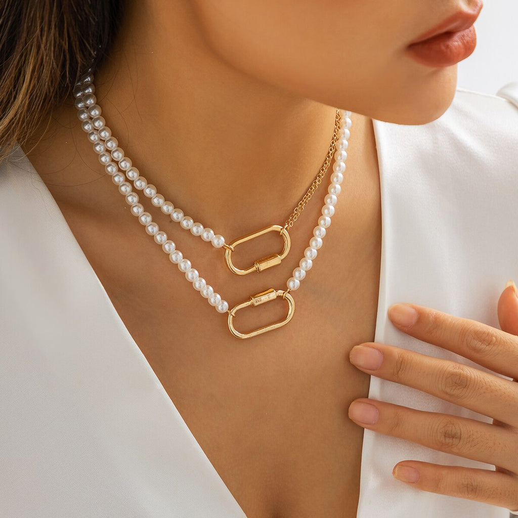 IngeSight.Z Multilayer Exaggerated O Buckle Imitation Pearl Choker Necklace for Women Vintage Wedding Bridal Bead Chain Neck