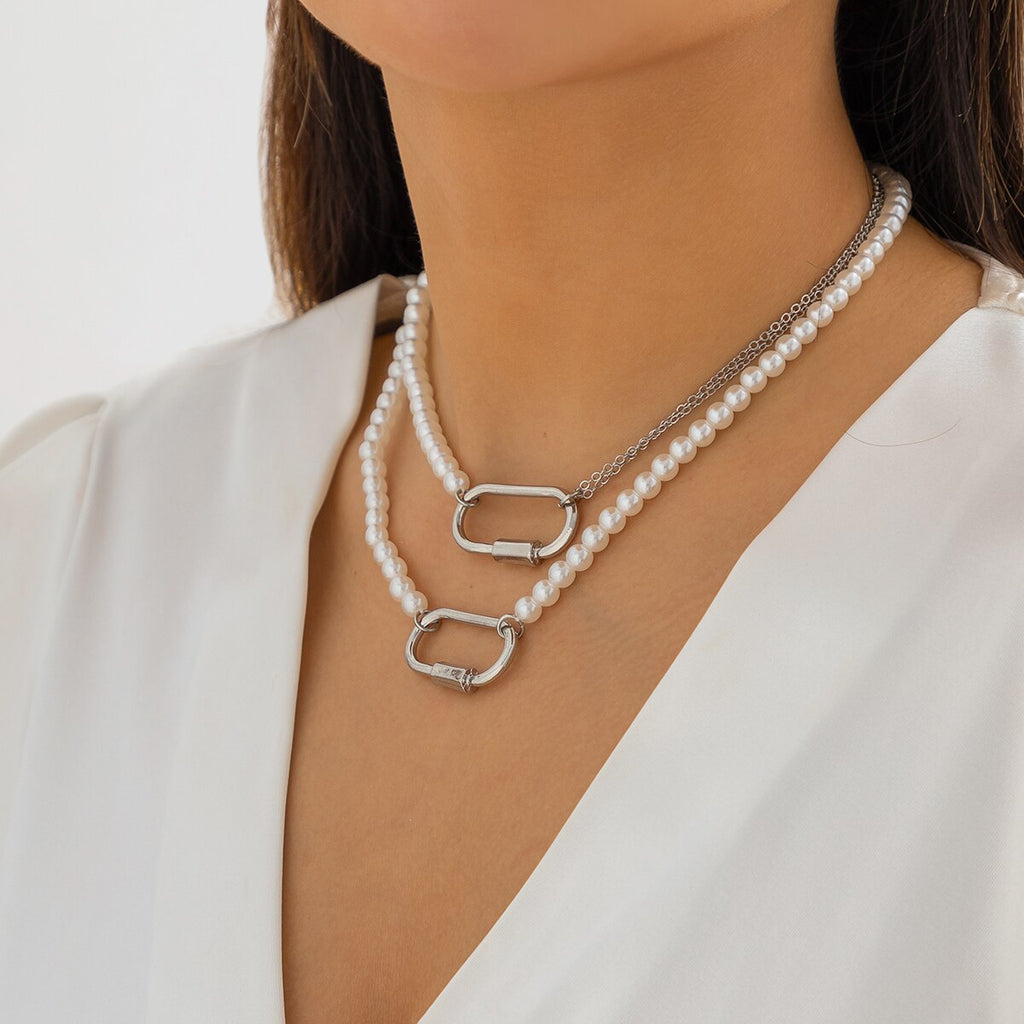 IngeSight.Z Multilayer Exaggerated O Buckle Imitation Pearl Choker Necklace for Women Vintage Wedding Bridal Bead Chain Neck