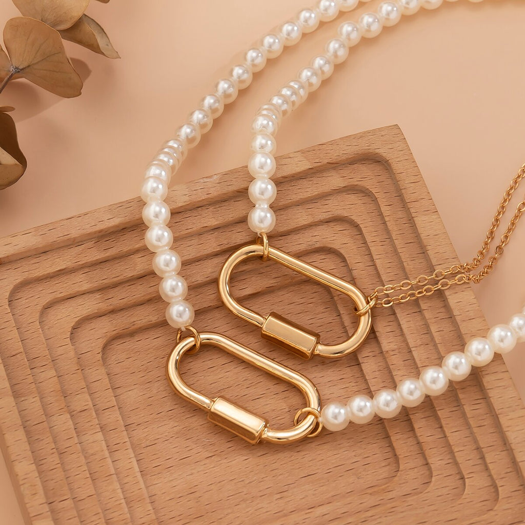 IngeSight.Z Multilayer Exaggerated O Buckle Imitation Pearl Choker Necklace for Women Vintage Wedding Bridal Bead Chain Neck