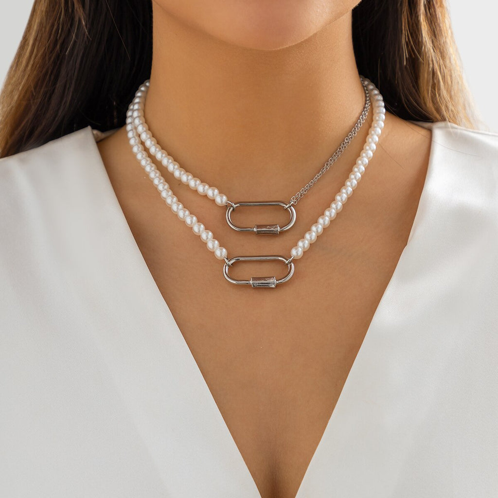 IngeSight.Z Multilayer Exaggerated O Buckle Imitation Pearl Choker Necklace for Women Vintage Wedding Bridal Bead Chain Neck
