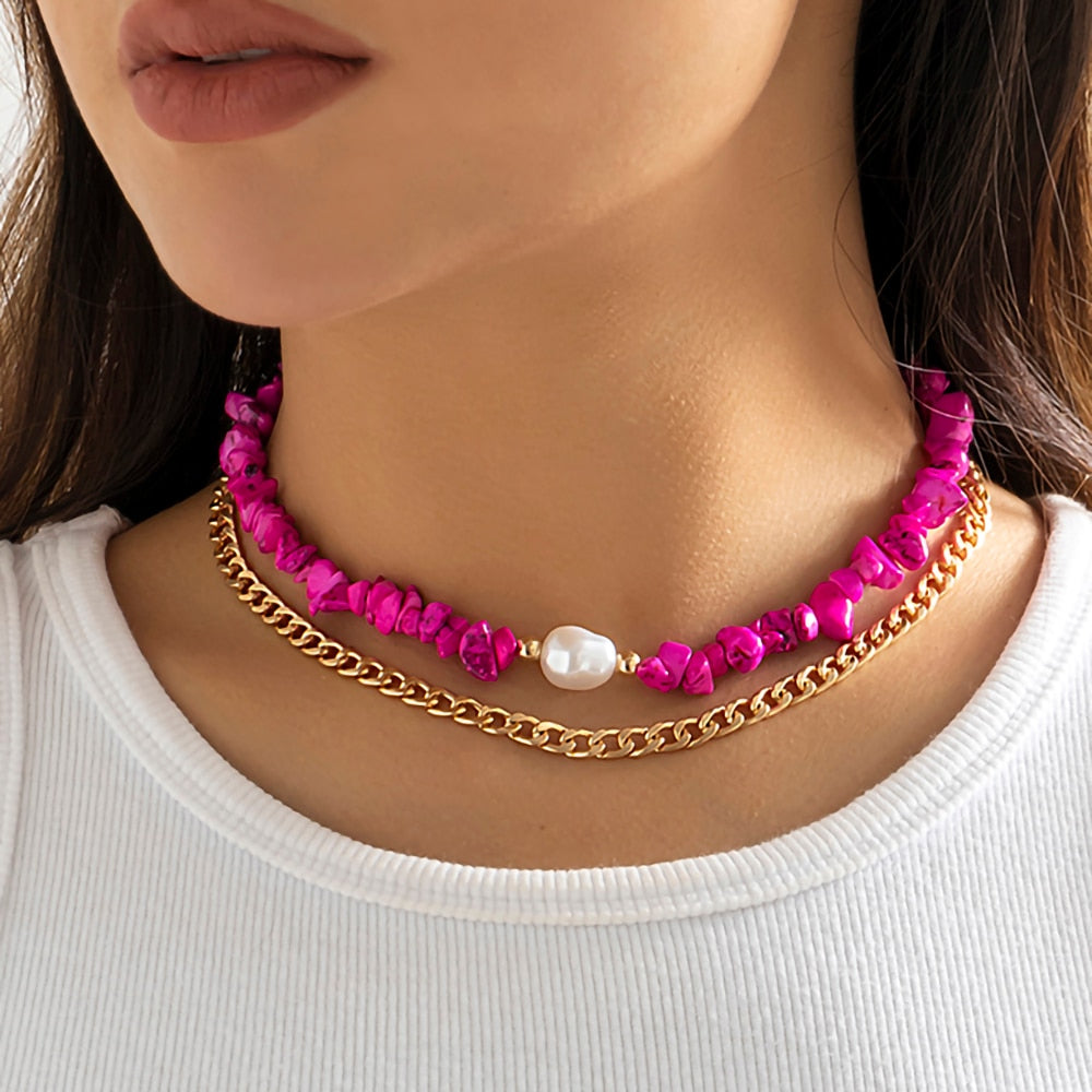 IngeSight.Z Multilayer Irregular Rose Red Stone Pearl Choker Necklace for Women Vintage Punk  Miami Cuban Chain Necklace