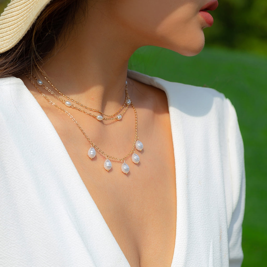 IngeSight.Z Multilayer Irregularity Simulated Pearls Pendant Necklace Women Punk Gold Color Link Chain Choker Necklace Jewelry