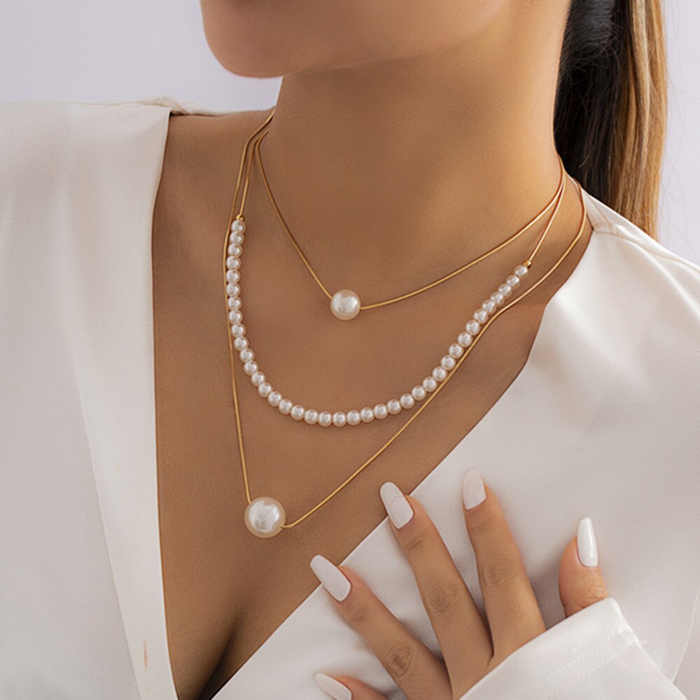 IngeSight.Z Multilayer Pearl Pendant Necklace For Women Punk Geometric Gold Color Thin Square Snake Chain Choker Party  Jewelry